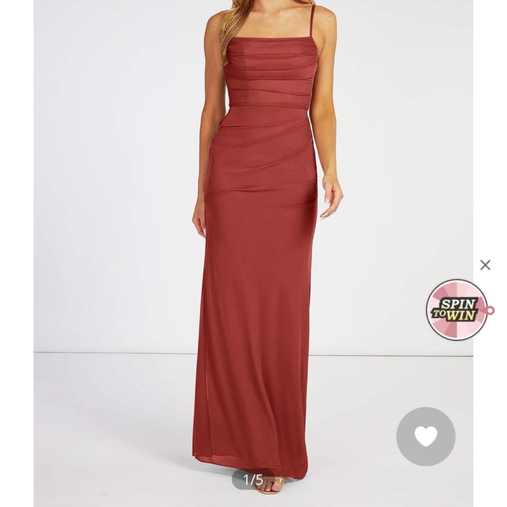 Azazie Teyana Terricotta Sheath Square Neckline Pleated Mesh Dress